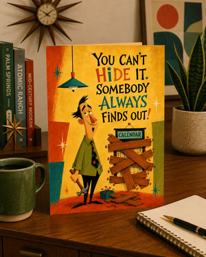 A retro-style greeting card or calendar standing on a wooden desk, with the text 'YOU CAN'T HIDE IT. SOMEBODY ALWAYS FINDS OUT!' and an illustration of a man trying to hide behind a barricade.