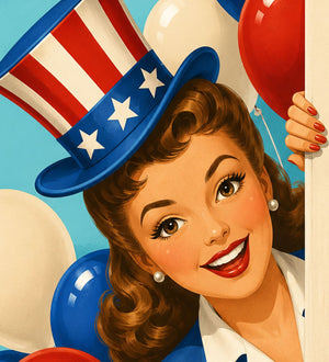 A smiling woman wearing a patriotic hat and holding balloons is the main focus of the image.