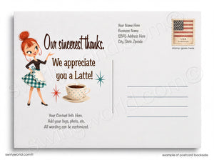 The image is a postcard featuring a cartoon illustration of a woman with red hair, wearing a green and white dress, and holding a coffee cup. The postcard has a message expressing gratitude and appreciation for a latte, along with a stamp indicating that the recipient is in the USA. The postcard has a blank space for the recipient's contact information, and the text is written in a clear and concise manner.