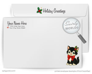The image is a holiday greeting envelope featuring a cartoon cat wearing a red bow tie and a magnifying glass. The envelope has a holiday greeting and a magnifying glass illustration.