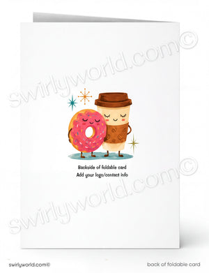 A folded greeting card shown front and back on a white background. The front features a cute illustration of a pink donut and a coffee cup character with closed eyes and small sparkles.