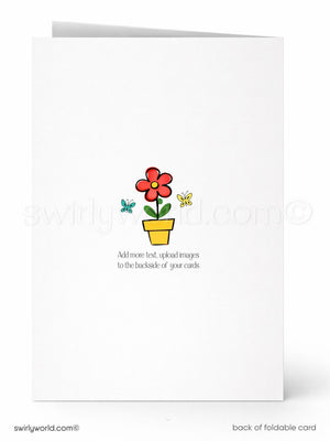 A white card with a simple illustration of a flower in a pot and two butterflies. The card has instructions for adding more text and images to the backside of the card.