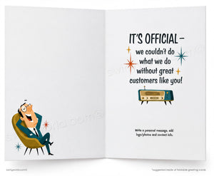 An open greeting card or booklet shown front and back on a white background. The left panel features a cartoon man in a suit sitting in an armchair, and the right panel contains printed text reading, 'IT'S OFFICIAL - we couldn't do what we do without great customers like you!' with a small retro radio illustration.