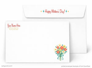 a white envelope with a floral design on the front and back. The front of the envelope has a message that reads "Happy Mother's Day" and a colorful illustration of flowers. The back of the envelope has a message that reads "Your Name Here" and a colorful illustration of flowers.