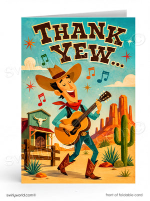 A cartoon cowboy playing guitar in a desert landscape, with mountains and cacti in the background.