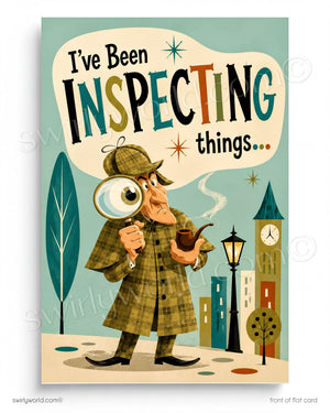 Illustration of a detective with a magnifying glass and pipe, holding a speech bubble with text, on a cityscape background.