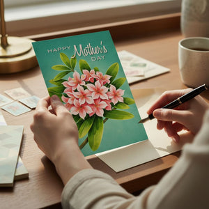 A person is writing a Mother's Day card with a pen, holding a card featuring a floral design.