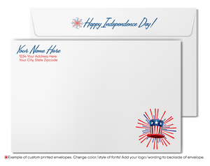The image is a white envelope with a patriotic design featuring a fireworks display and an American flag. The text on the envelope reads "Happy Independence Day!" and provides instructions for customizing the envelope, such as changing the color or style of the font and adding a logo or wording to the backside.
