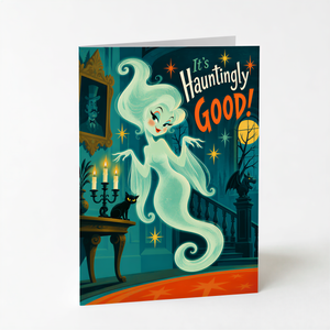 The image is a Halloween-themed illustration featuring a ghostly white figure with a black cat sitting on a table, surrounded by candles, a clock, and a bat. The text "It's Hauntingly Good!" is displayed prominently in the image.