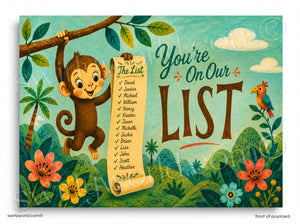 Children's postcard with a monkey holding a scroll and a bird, set against a colorful jungle background.