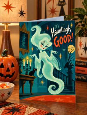 a Halloween-themed greeting card with a ghostly white figure and a black cat, surrounded by a spooky atmosphere with a jack-o-lantern, candles, and a castle.