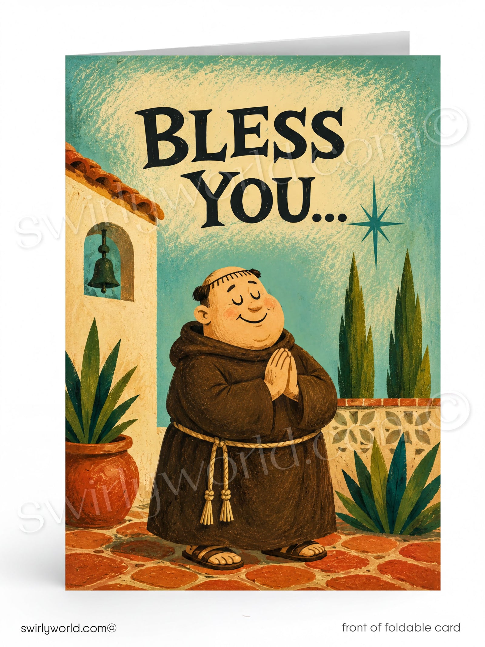 The image is a greeting card featuring a cartoon illustration of a smiling man in a brown robe, standing in front of a building with a bell tower. The card has a blue background with a white border, and the text "Bless You..." is displayed prominently above the illustration.