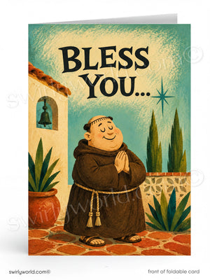 The image is a greeting card featuring a cartoon illustration of a smiling man in a brown robe, standing in front of a building with a bell tower. The card has a blue background with a white border, and the text "Bless You..." is displayed prominently above the illustration.