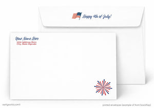 a white envelope with a patriotic design, including an American flag and fireworks. The envelope has a message that reads "Happy 4th of July!" and a blank space for the recipient's name and address.