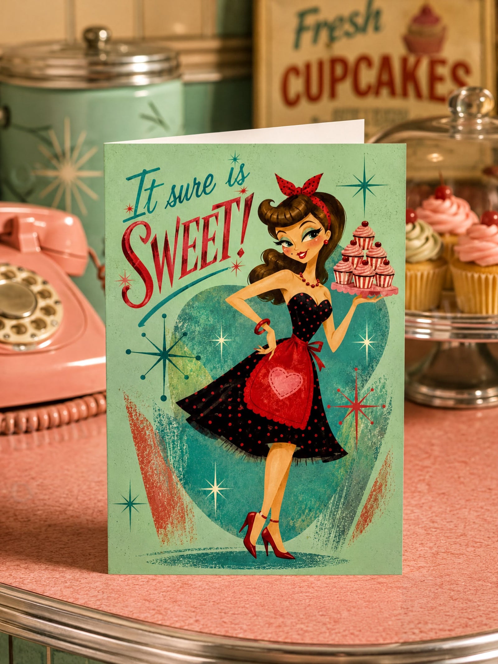 Vintage-style greeting card with a woman holding a cake and text 'It sure is sweet!' on a green background.