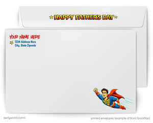 Superhero-themed Father's Day card with envelope and customizable text fields.