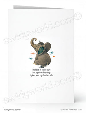 an elephant with a starry background, along with the text "Backside of folded card" and instructions to "Add a personal message" and "Upload your logo/contact info".