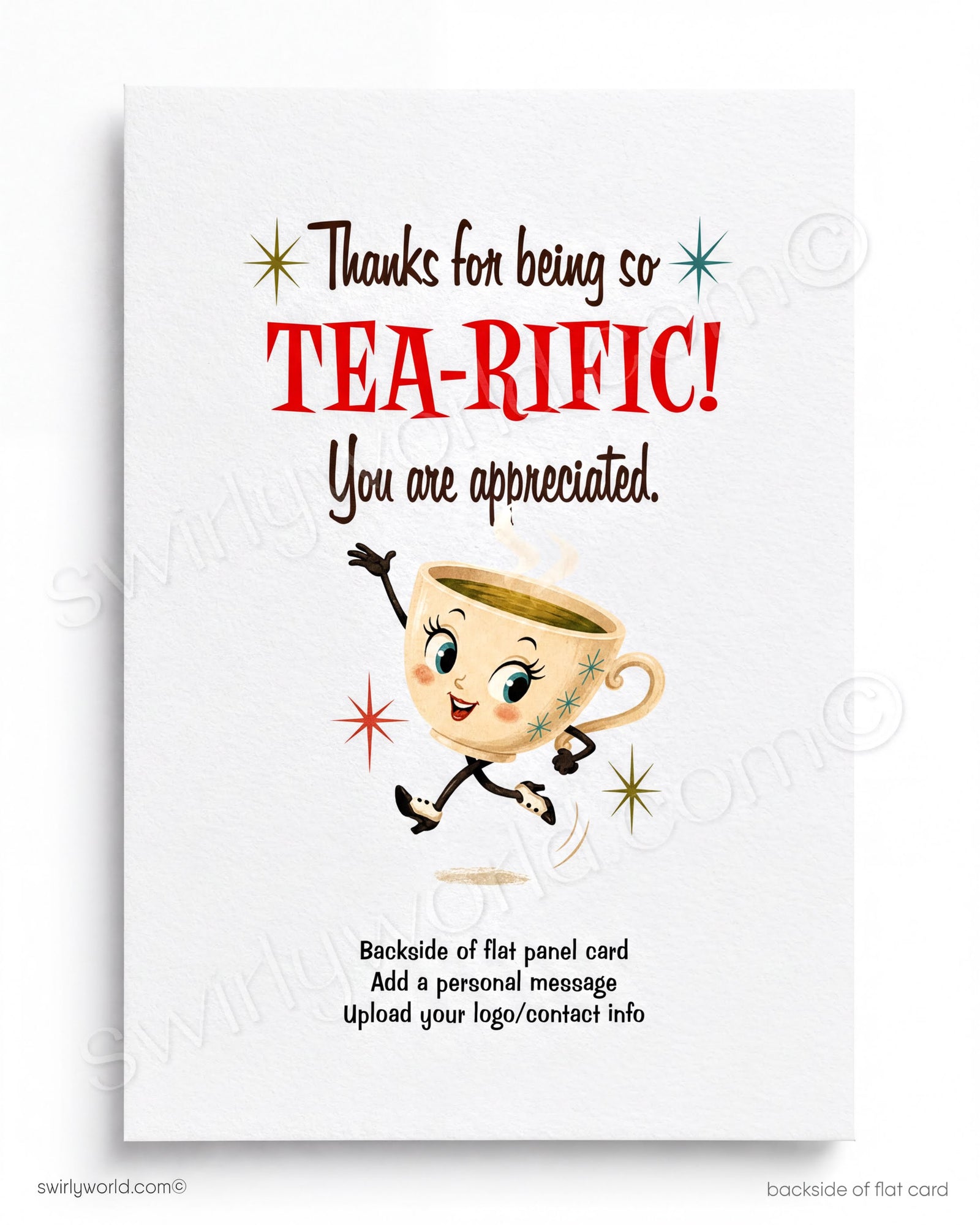 The image is a vintage-style illustration featuring a large, anthropomorphic cup of tea as the central character, surrounded by various tea-related objects and a whimsical, fantastical scene.