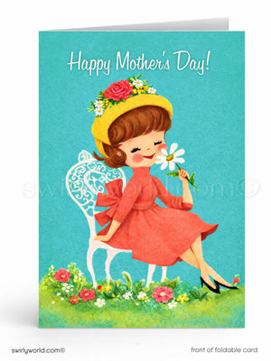A card with a young girl sitting on a chair in a garden, holding a flower and smiling. The card has a teal background and the text "Happy Mother's Day!" written above it.
