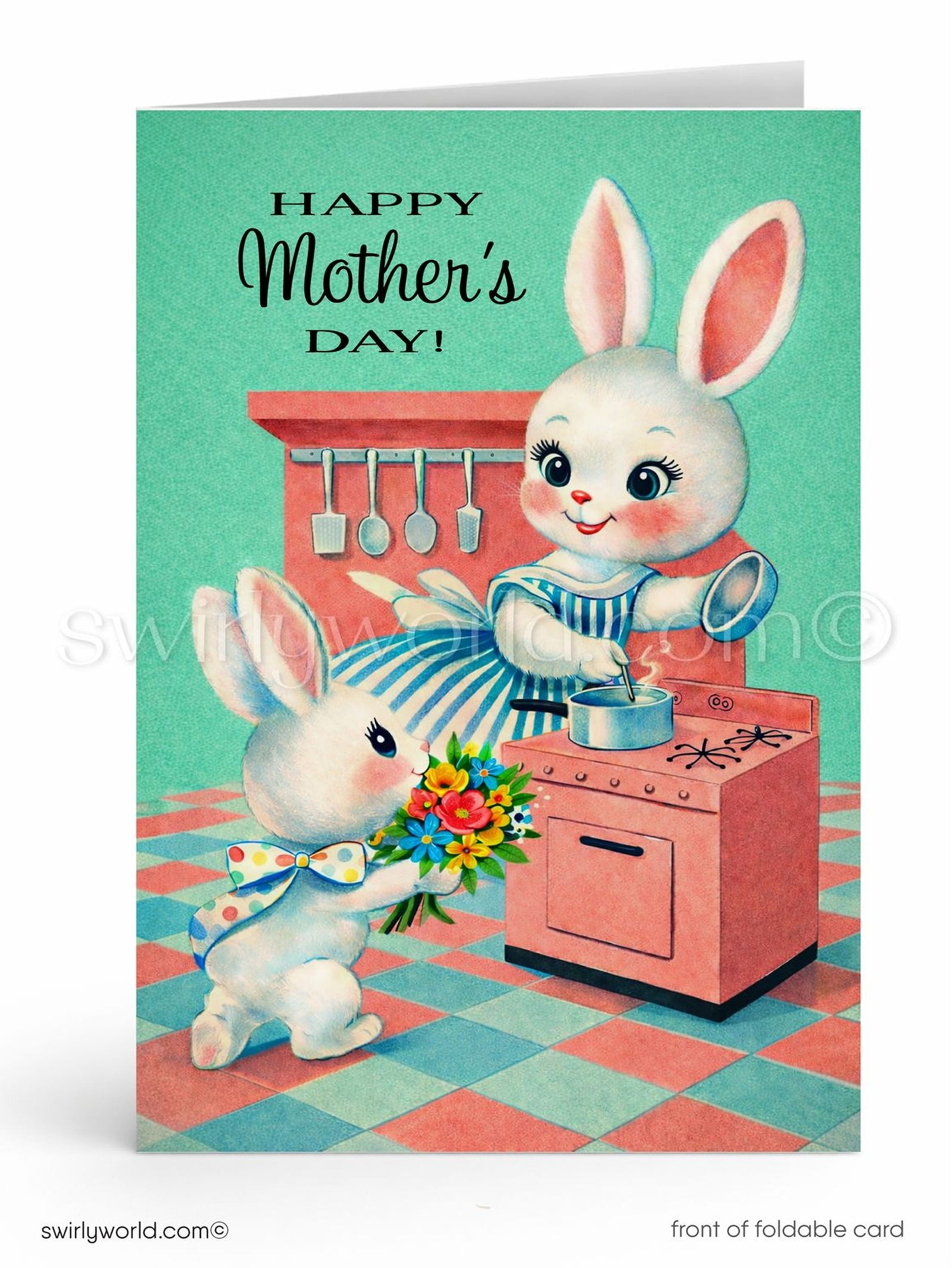 Mother's Day card with bunnies in a kitchen, featuring a vintage design.