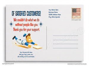 Postcard with cartoon character and text on a white background
