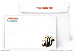 a white envelope with a cartoon image of a skunk on the front. The envelope has a message on the back that says "Thank you so much!"