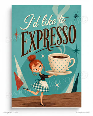 A woman holding a large coffee cup with the text "I'd like to EXPRESSO" written above her.