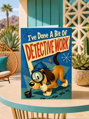 a card with a cartoon dog wearing a magnifying glass and holding a pipe, with the text "I've Done A Bit Of DETECTIVE WORK" displayed prominently.