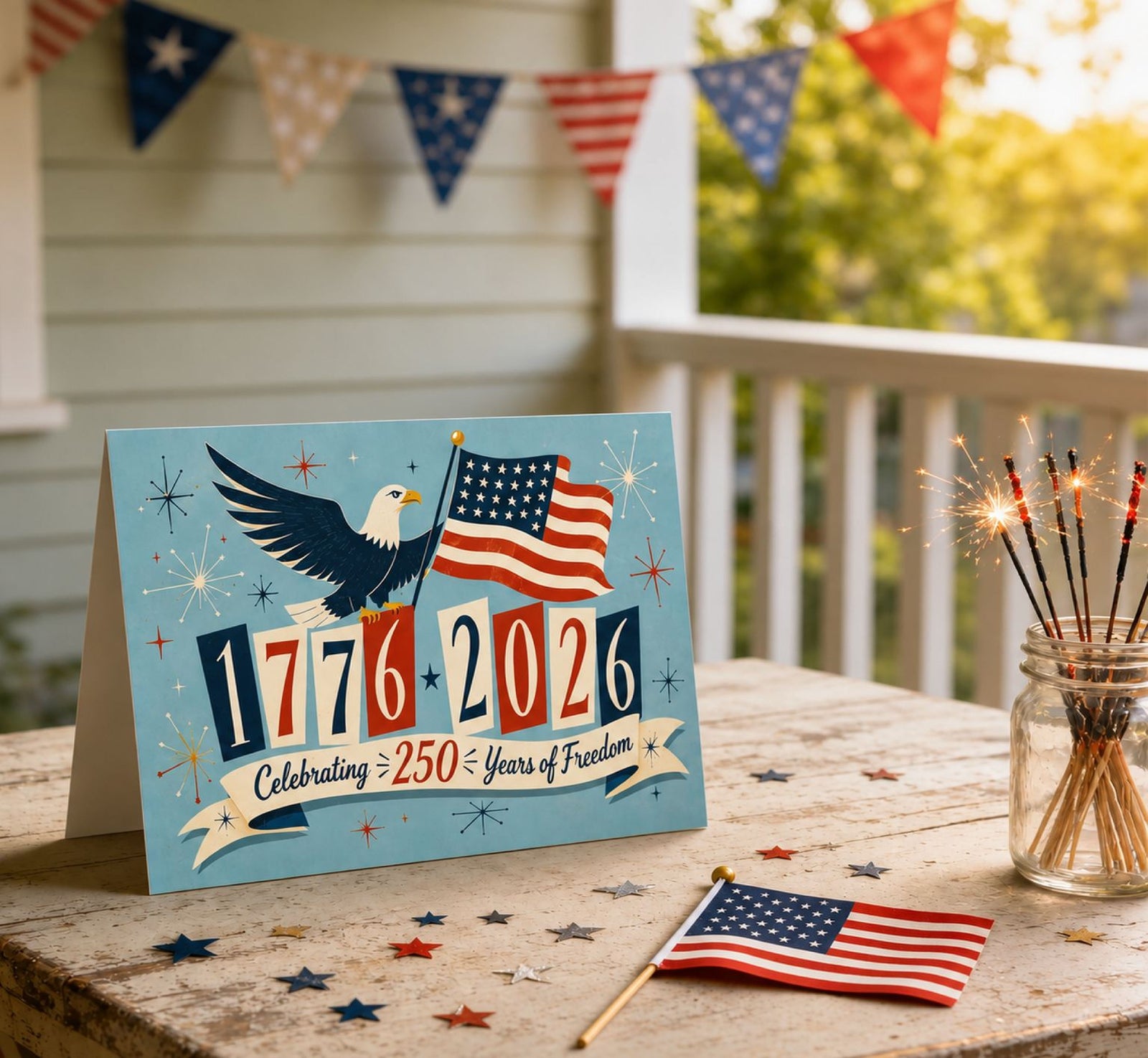 The image is a colorful greeting card celebrating the 250th anniversary of the United States' independence, featuring an eagle holding an American flag and the text "1776 2026 Celebrating 250 Years of Freedom".