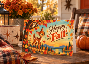 A festive autumn greeting card featuring a deer under a tree with colorful fall leaves and the words 'Happy Fall' in script, displayed on a wooden table in a cozy home setting with a pumpkin, candle, and plaid blanket.