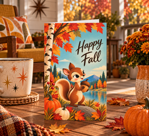 Happy Fall Chipmunk Squirrel Acorn Retro Greeting Card