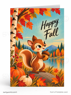 Happy Fall Chipmunk Squirrel Acorn Retro Greeting Card