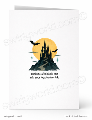 A folded card shown front and back on a white background. The front features a Halloween-style illustration of a black castle on a hill with a yellow moon, bats, and stars, plus placeholder text reading 'Backside of foldable card' and 'Add your logo/contact info.