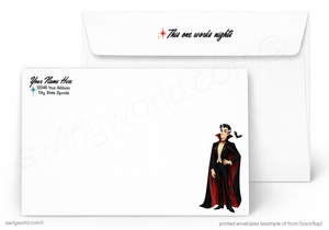 A printed envelope set shown on a white background, with one envelope behind another. The front envelope features a small illustrated vampire character in a red and black cape near the lower right, and the back envelope shows sample text fields and the phrase 'This one words nights' with a small red star at the top.