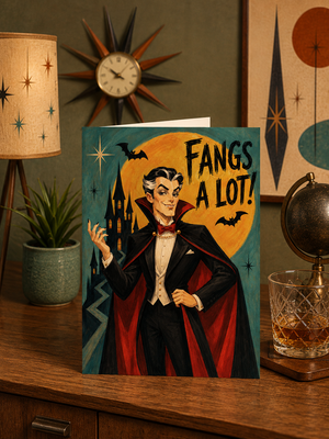A Halloween greeting card featuring a vintage-style illustration of Dracula with the text 'Fangs a Lot!' on the front, displayed on a wooden table in a cozy room setting with a lamp, plant, and glass of whiskey.