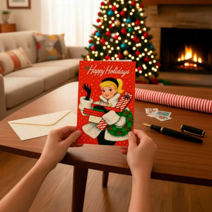 A person is holding a red holiday greeting card with a smiling woman on it, in front of a lit Christmas tree and a fireplace.