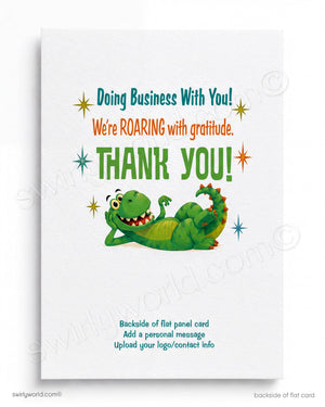 Card with a green dragon illustration and text expressing gratitude for business, on a white background.