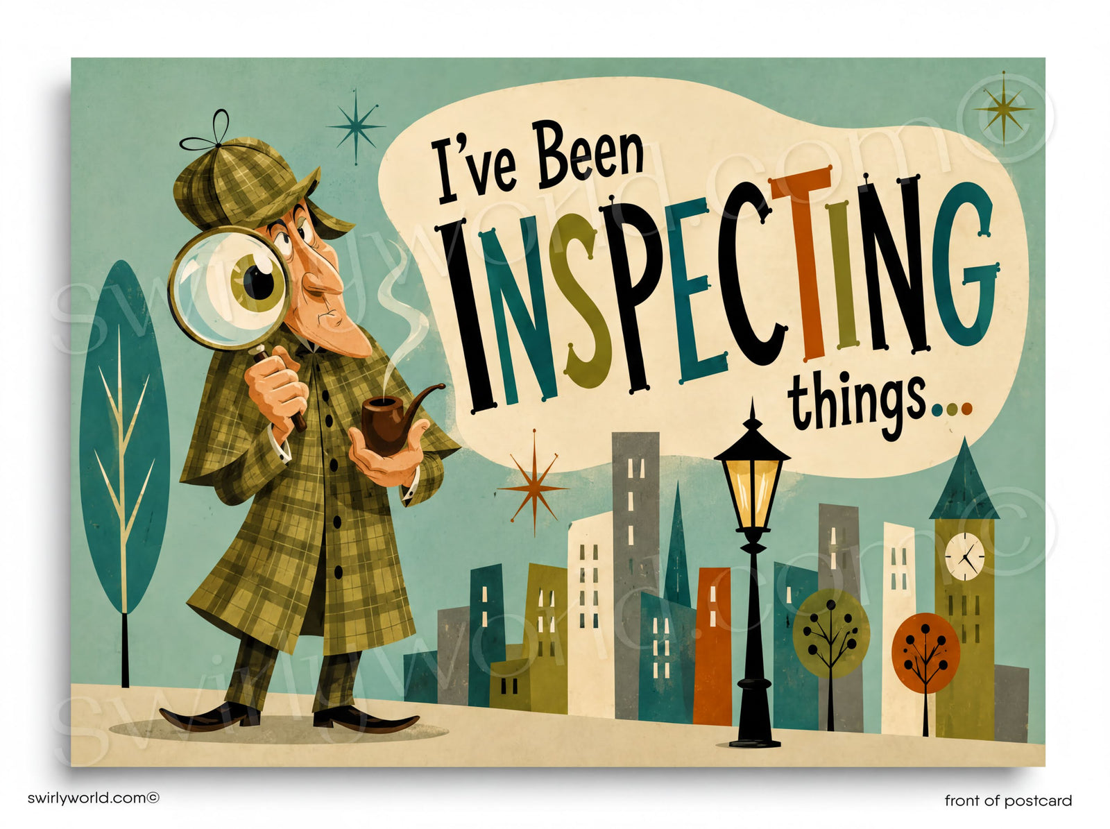 Illustration of a detective with a magnifying glass and a pipe, set against a cityscape background.