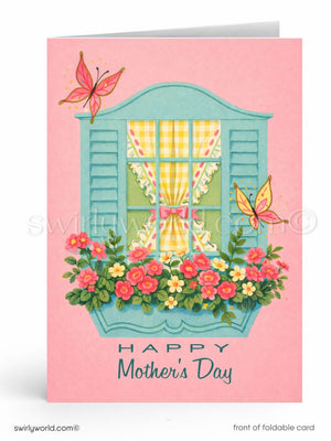Mother's Day card with a window, flowers, and butterflies on a pink background