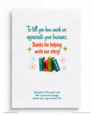 Greeting card with colorful text and books illustration on a white background