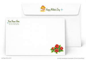 The image is a printed envelope featuring a design with a woman's face and flowers, along with a "Happy Mother's Day" message.