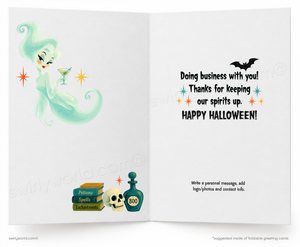 The image is a Halloween-themed greeting card featuring a ghost character, a bottle of "Enchantment" (a Halloween-related drink), and various Halloween-related items such as books and a skull. The card has a personal message and contact information for sending a personal message, logo/photos, and contact info.