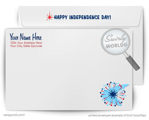 The image is a printed envelope with a "Happy Independence Day!" message and a magnifying glass icon. The envelope has a blank space for the recipient's name and address, and the website "swirlworld.com" is provided as an example of a front/backflip.