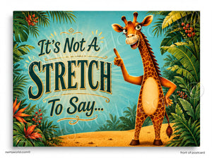 Cartoon giraffe with a humorous quote in a jungle setting