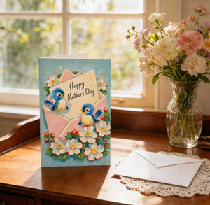 A Mother's Day card with a blue background, pink and white flowers, and two blue birds is displayed on a wooden desk next to a vase of pink and white flowers and an envelope.