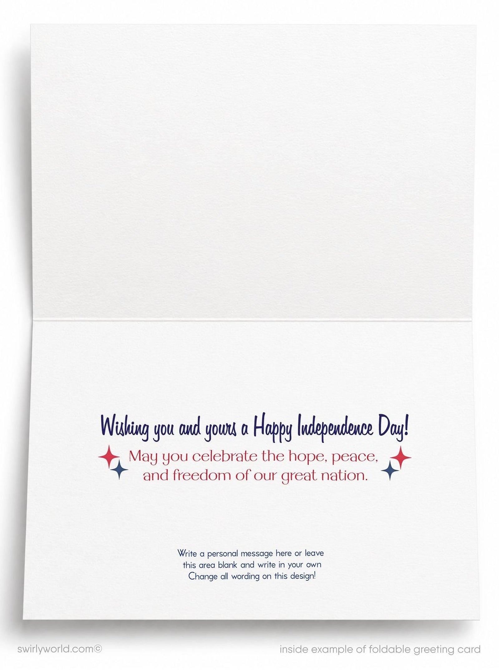 A greeting card with a patriotic design featuring a star and two blue stars, along with a red ribbon and the text "HAPPY 4TH OF JULY".