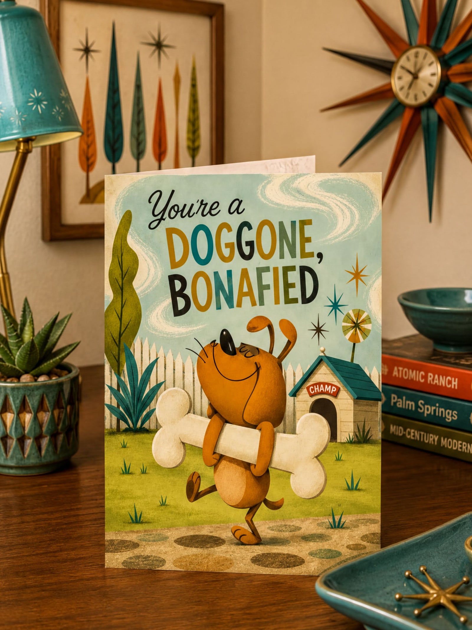 A folded greeting card shown front-on against a white background. The card features a retro-style illustration of a brown cartoon dog carrying a large bone, with the text 'You're a DOGGONE, BONAFIED' above it, plus a doghouse and stylized landscape.
