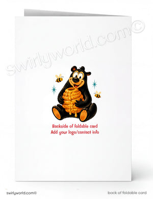 A cartoon bear holding honeycomb and surrounded by bees, with the text "Backside of foldable card" and "Add your logo/contact info" below the image.