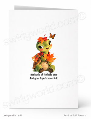A greeting card featuring a cartoon turtle holding a leaf and a butterfly. The turtle has a scarf around its neck and is sitting on a leaf. The card has a back of a foldable card, and there is text that says "Backside of foldable card Add your logo/contact info" and "swirlworld.com".