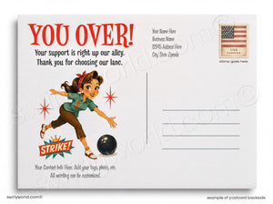 Vintage-style postcard with a woman bowling and text 'YOU OVER! Your support is right up our alley. Thank you for choosing our lane.